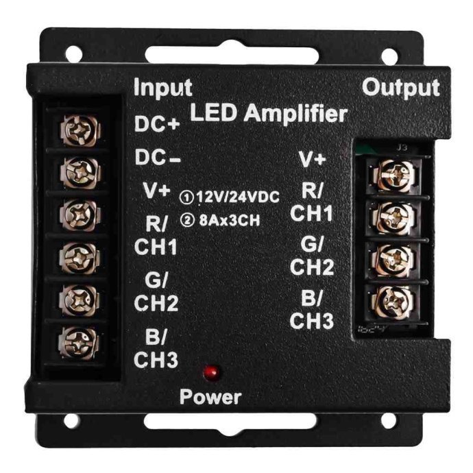RGB усилитель 12/24В 288Вт, 3x8А, IP33, металл. Изображены клеммы подключения, размеры, маркировка Apeyron Electrics.