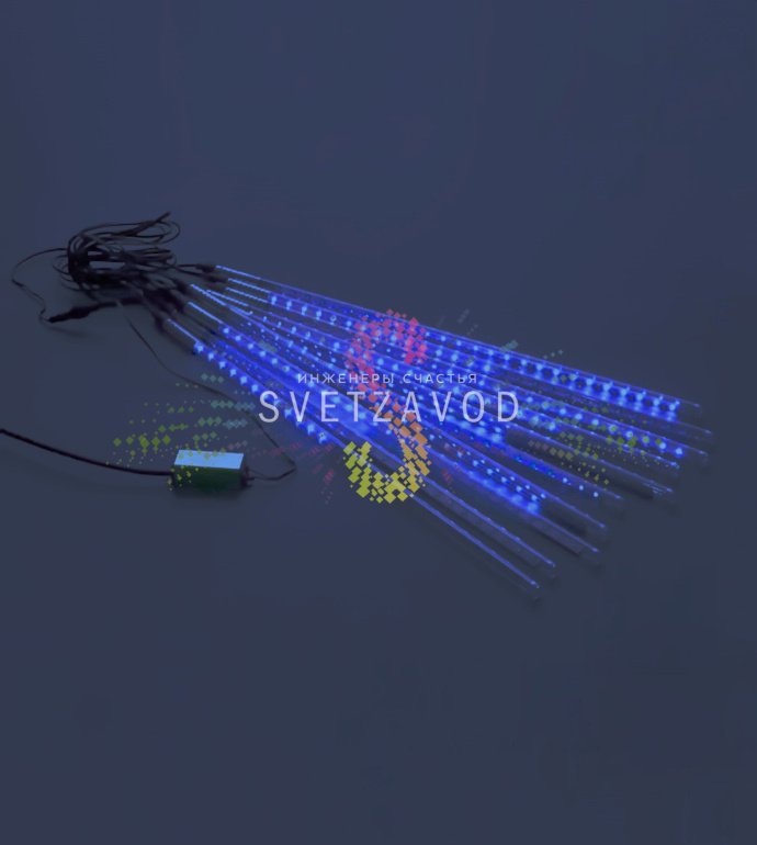 Детальное фото гирлянды Тающие сосульки синего свечения: 10 пластиковых трубок с эффектом стекающей капли, блок питания 220/12В, влагозащита IP65.