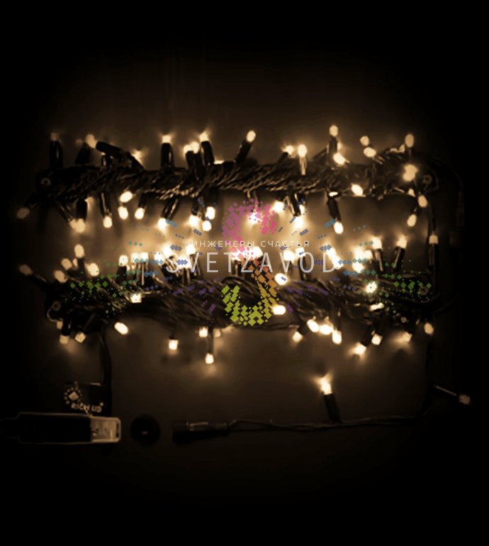 Детальное фото гирлянды-нити Стринг Лайт 24В, 10м, черный ПВХ провод со светодиодами, упаковка и технические характеристики.