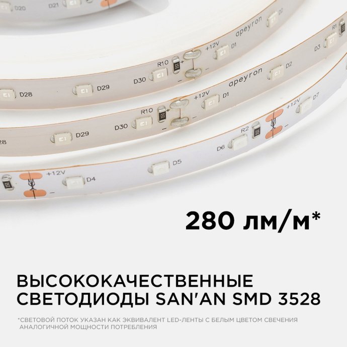 Крупным планом зелёная светодиодная лента 12В SMD3528 60 диодов/м, ширина 8мм, IP20, 5м в бухте, с двухслойной белой основой.