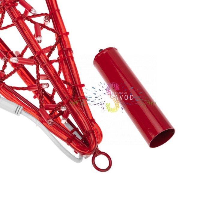 Детальное фото светодиодной звезды 80 см красного свечения с видимыми светодиодами, металлическим каркасом, трубой для установки на елку и кольцом для подвеса.