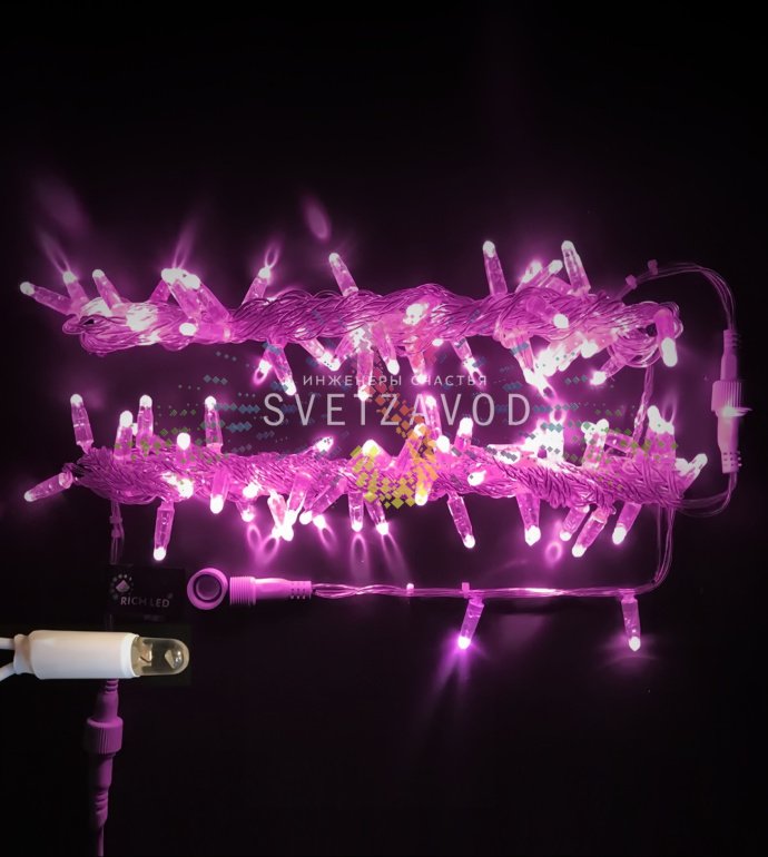 Крупный план гирлянды-нити Стринг Лайт с розовыми светодиодами на прозрачном проводе ПВХ, демонстрация крепления и степени защиты IP65
