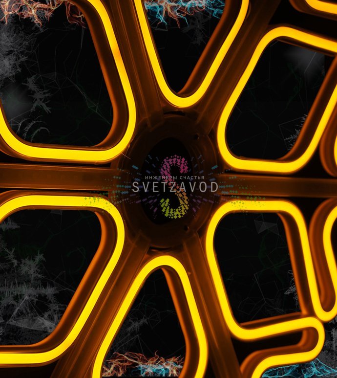 Светодиодная неоновая снежинка 60 см желтого цвета с эффектом стекающей капли Светодиодная неоновая снежинка 60 см желтого цвета с эффектом стекающей капли