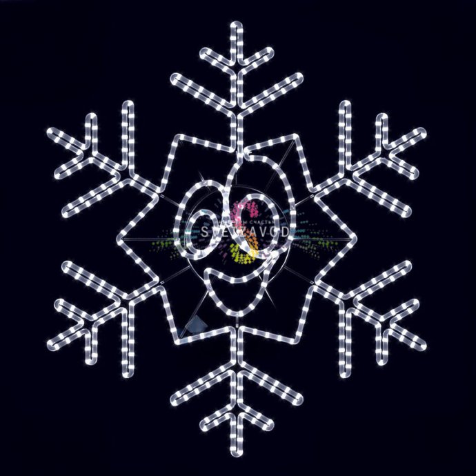 Детальное фото светодиодной снежинки-смайлика Rich Led размером 103 см с металлическим каркасом и холодным белым свечением, готовой к подключению в розетку 220В.