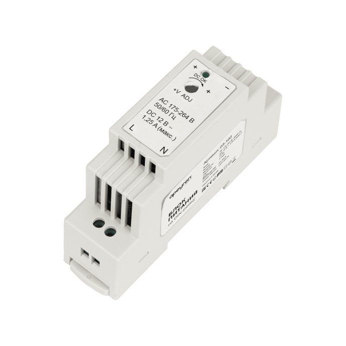 Блок питания 12В 15Вт на DIN рейку Apeyron Electrics, белый пластик, размер 25х93х56мм, клеммы вход/выход, IP20, снято для каталога.