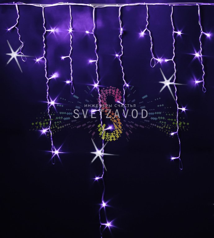 Детальное фото светодиодной бахромы Айсикл Rich Led: фиолетовые мерцающие диоды на прозрачном кабеле длиной 3 метра с подвесками 0.9м, степень защиты IP54.