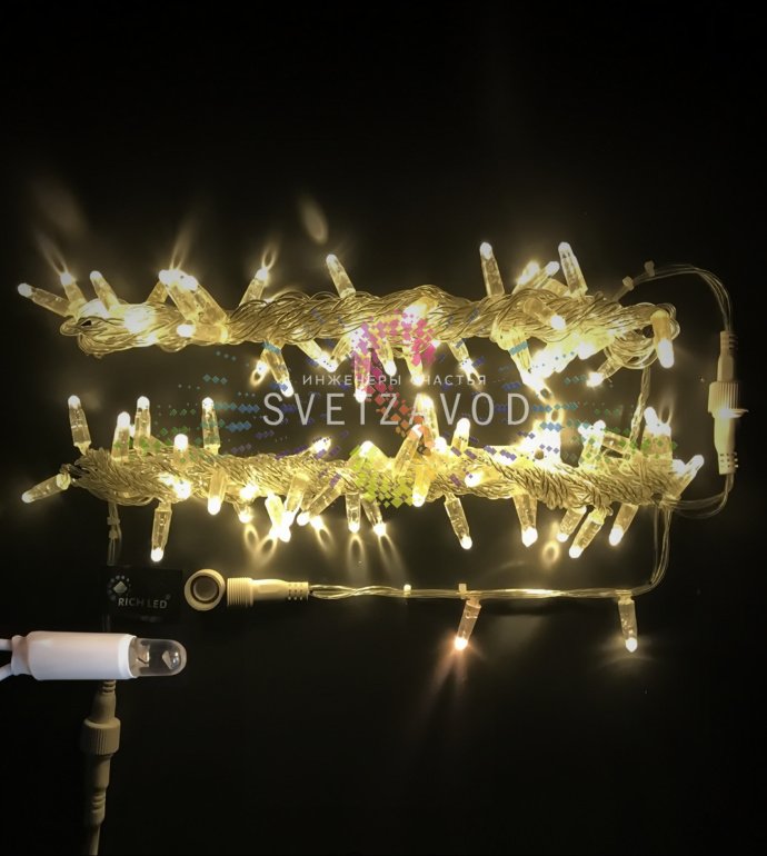 Детальное фото гирлянды-нити Стринг Лайт Rich Led: 10-метровый прозрачный провод со 100 светодиодами теплого белого света, защитные колпачки, степень защиты IP65.