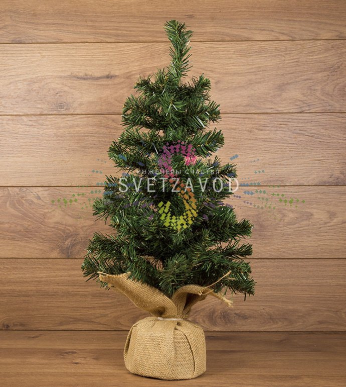 Детальное фото елочки Neon-Night: зеленая хвоя из ПВХ, плетеный текстильный мешочек, устойчивая подставка, компактный размер 60 см.