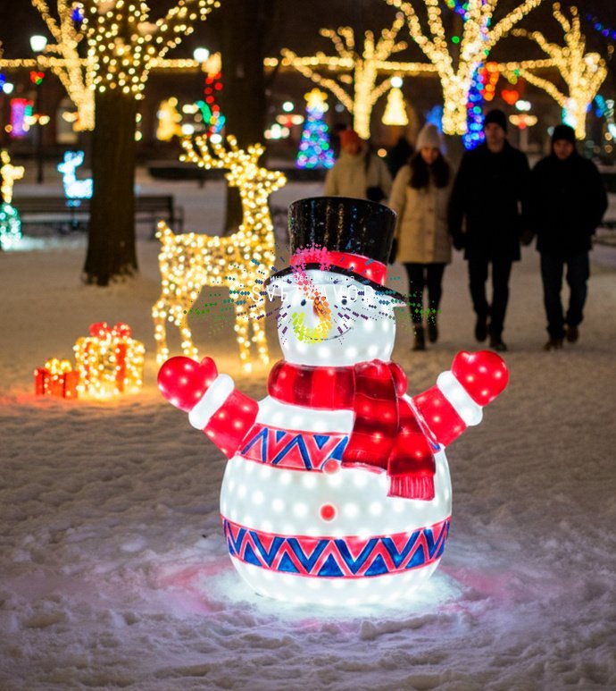 Детальное фото светодиодной фигуры Снеговик из стекловолокна. Видны светодиоды, шарф, влагозащищенный корпус IP65 и блок питания 24В.