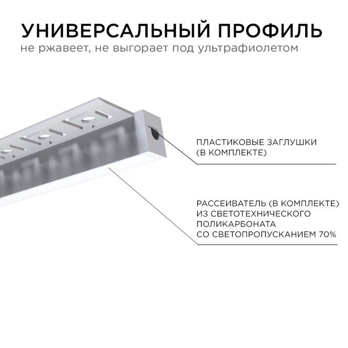 Алюминиевый профиль 32х13х2500 мм, серебристый, с матовым белым рассеивателем из поликарбоната и заглушками.