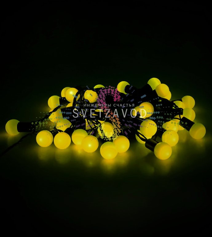 Детальное фото гирлянды Шарики SML-281: желтые светодиодные шары диаметром 15 мм на черном проводе, блок питания в комплекте.
