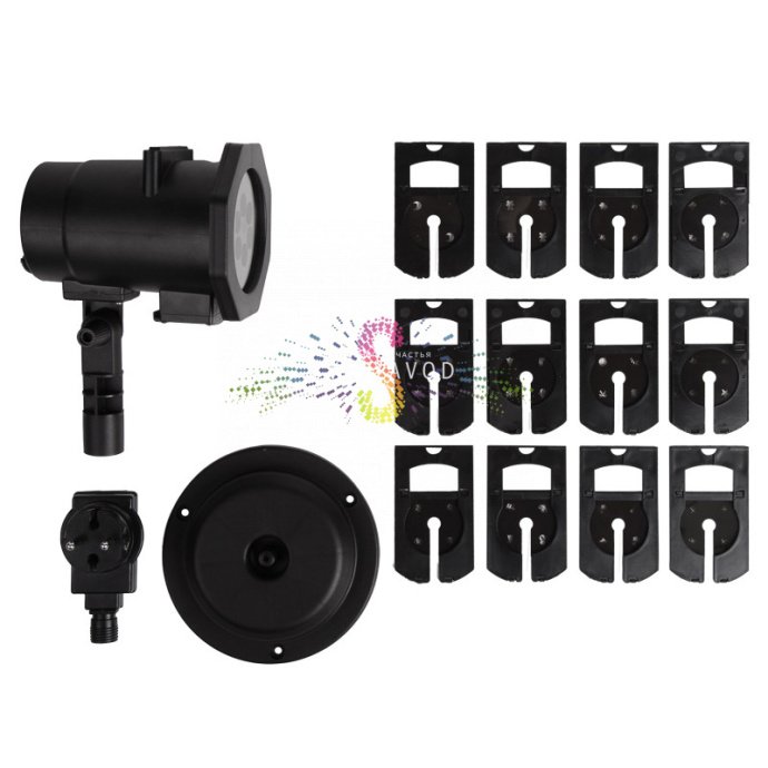 Детальное фото светодиодного проектора Neon-Night: черный корпус из АБС-пластика, разъемы, блок питания и набор из 12 слайдов с различными тематическими проекциями.