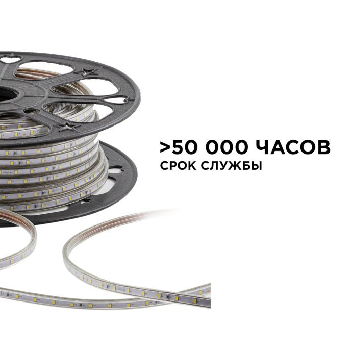 Детальное фото светодиодной ленты холодного белого свечения 6500К, 50 метров, IP65, SMD2835, 60д/м, подключение к 220В