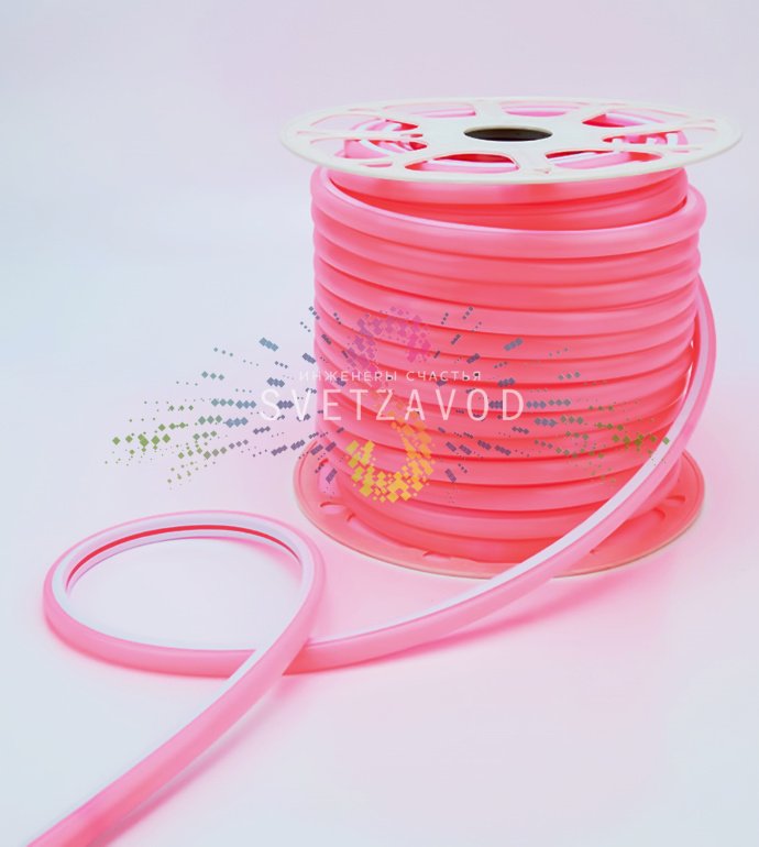 Детальное фото бухты светодиодного гибкого неона красного свечения. Видны D-образный профиль 16х16 мм, матовая оплетка, маркировка и коннекторы.