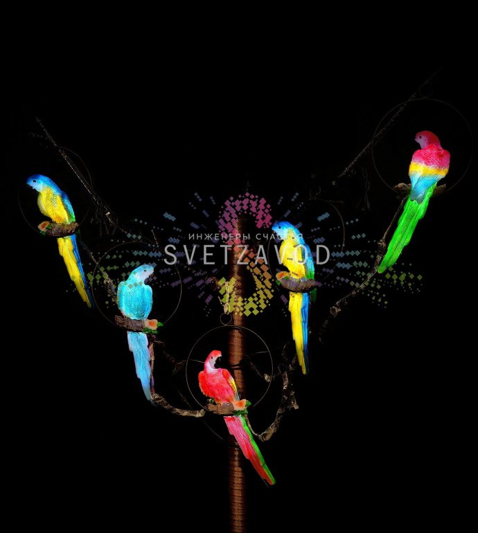 Детальное фото набора светодиодных фигур Попугаев из белого стекловолокна с яркой разноцветной светодиодной подсветкой в вечернем саду.