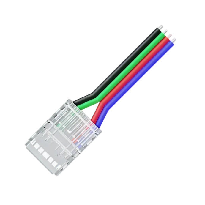 Детальный вид коннектора 4 pin для RGB ленты 10мм COB с прозрачным корпусом и проводом 150мм IP20