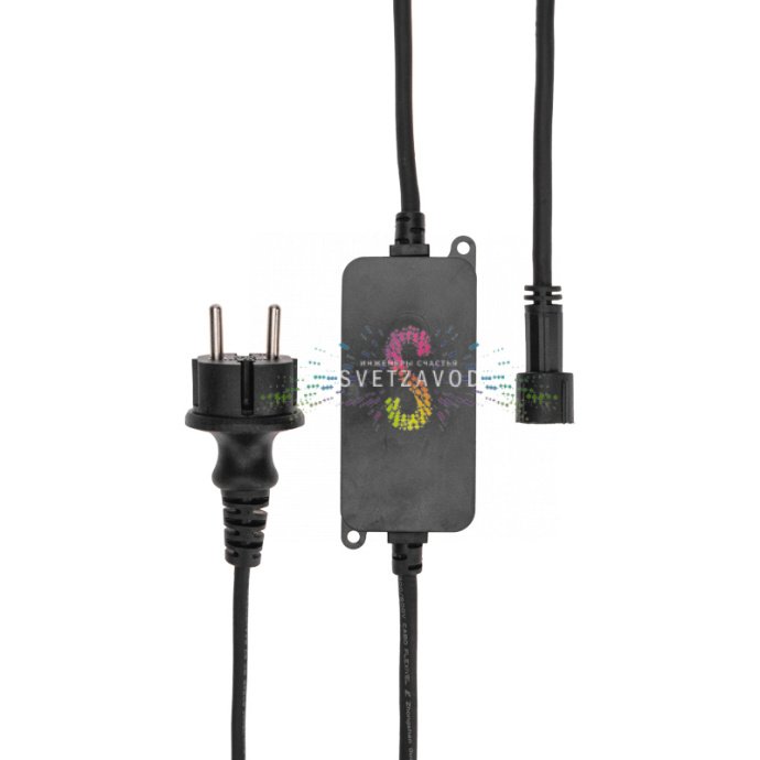 Детальное фото контроллера Neon-Night арт. 217-204 для гирлянд Твинкл Лайт с черным ПВХ проводом длиной 1.5 м, блока питания и коробки.