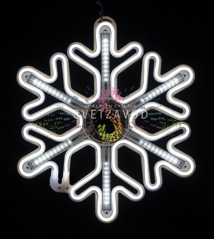 Крупный план светодиодной снежинки 40 см из белого неона с эффектом тающих сосулек, вилка питания и ушко для монтажа.