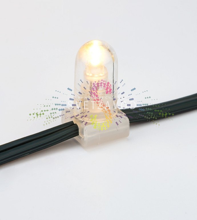 Крупный план светодиодного Клип Лайта 12В с защитными колпачками, демонстрирующий равномерное расположение диодов на зеленом ПВХ-кабеле.