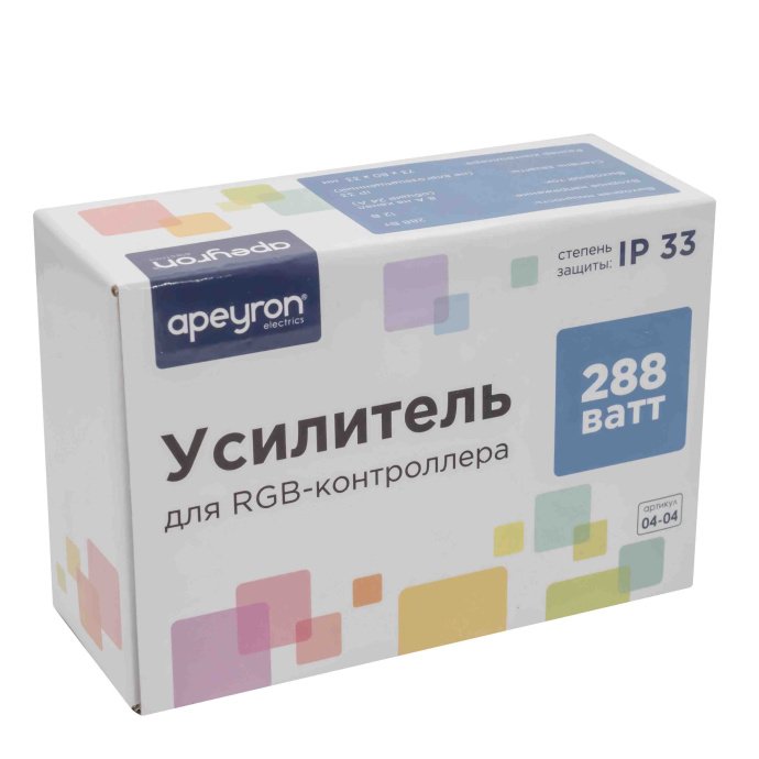 RGB усилитель 12/24В 288Вт, 3x8А, IP33, металл. Изображены клеммы подключения, размеры, маркировка Apeyron Electrics.
