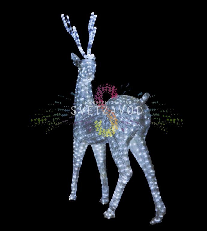 Детальное фото световой акриловой фигуры 3D «Благородный олень» в белом цвете, показывающее конструкцию, светодиоды и качество изготовления для уличного использования.