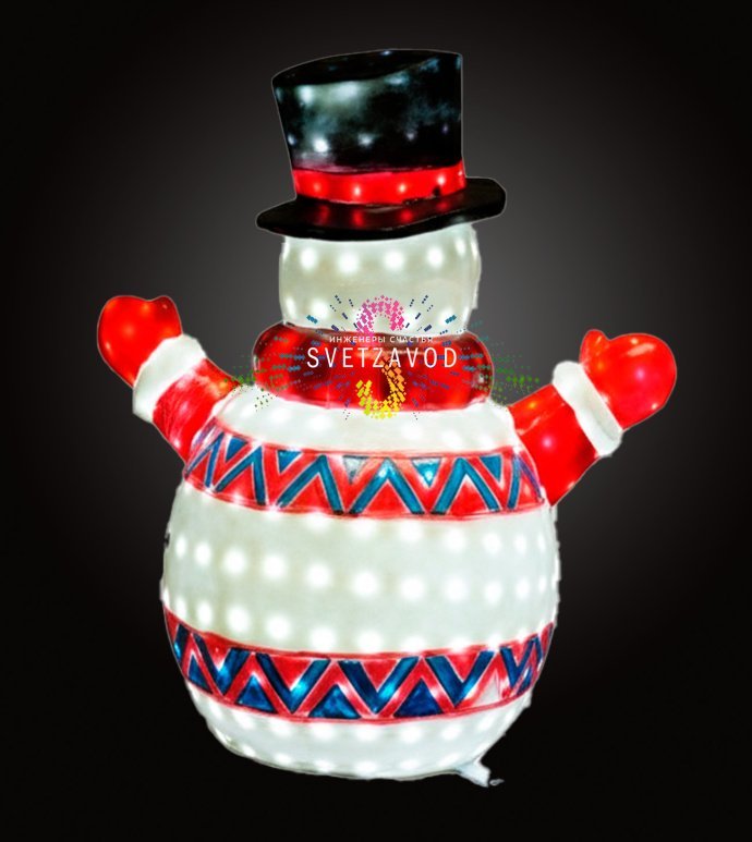 Детальное фото светодиодной фигуры Снеговик из стекловолокна. Видны светодиоды, шарф, влагозащищенный корпус IP65 и блок питания 24В.