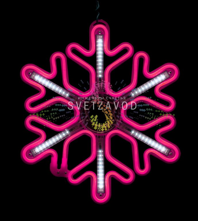Крупный план розовой светодиодной снежинки из гибкого неона на пластиковом каркасе, демонстрирующий эффект плавно стекающих сосулек. Видно крепежное ушко и кабель питания.
