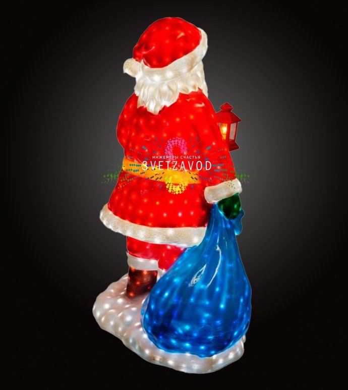Детальное фото светодиодной фигуры Дед Мороз из стекловолокна с мешком подарков. Видны светодиоды, конструкция и блок питания 24В.