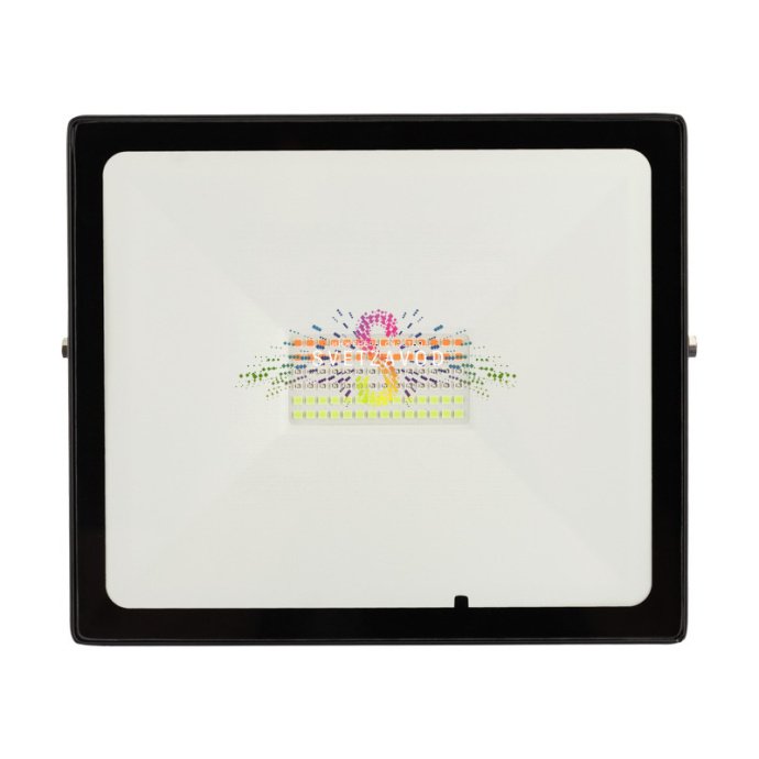 Черный алюминиевый уличный прожектор REXANT 50Вт RGB с пультом дистанционного управления, вид спереди и сбоку