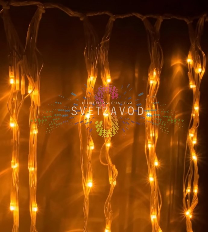 Детальное фото светодиодного дождя SPL-905: желтые светодиоды на прозрачных проводах, контроллер, коннекторы для соединения.