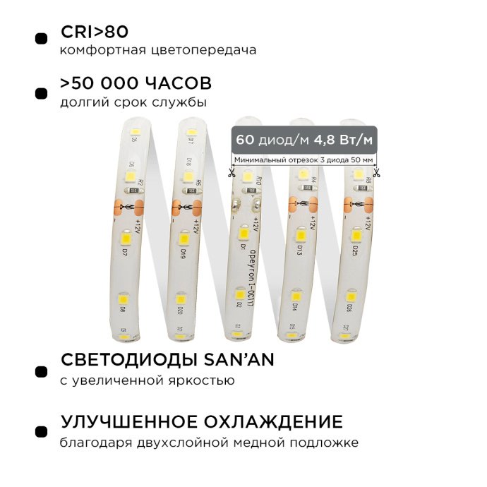 Светодиодная лента теплый белый 5м SMD3528 60LED/м, блок питания 12В 24Вт, коннектор, выключатель, IP65, для подсветки
