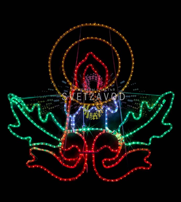 Детальное фото светодиодного панно «Свеча горит»: видна структура дюралайта на жестком металлическом каркасе, мультицветное свечение.