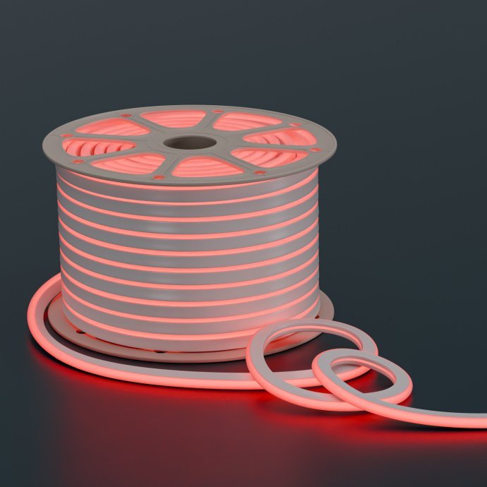Крупный план неона RGB: матовый рассеиватель 10х18 мм, SMD 5050, 80 LED/м, провод. IP65, рез 1м, для улицы.