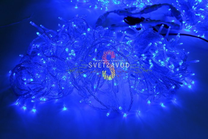 Детальное фото Клип Лайт Спайдер SSP-302: синие светодиоды на прозрачном проводе ПВХ, блок питания, упаковка.