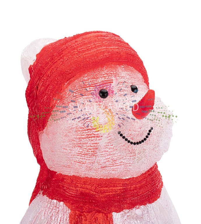 Детальное фото акриловой 3D фигуры Снеговика высотой 59 см. Видны яркие светодиоды, синие варежки, металлический каркас и защищенный от влаги корпус.