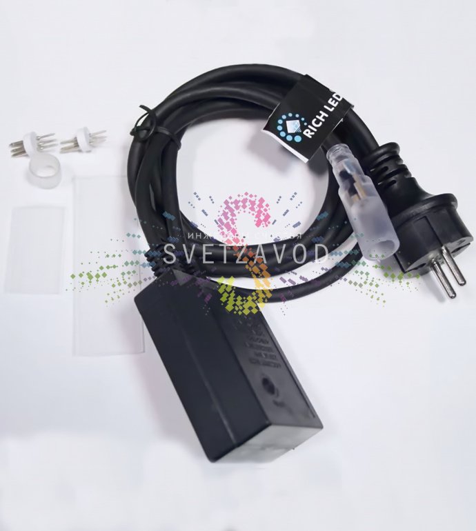 Комплект подключения SLD-445 для трехжильного светодиодного дюралайта диаметром 13 мм с контроллером, проводами и разъемами.