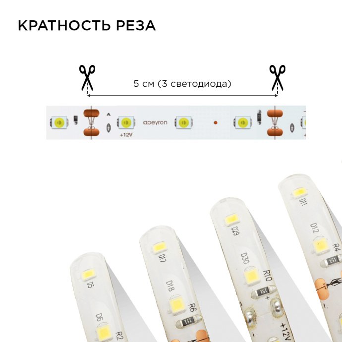 Светодиодная лента теплый белый 5м SMD3528 60LED/м, блок питания 12В 24Вт, коннектор, выключатель, IP65, для подсветки