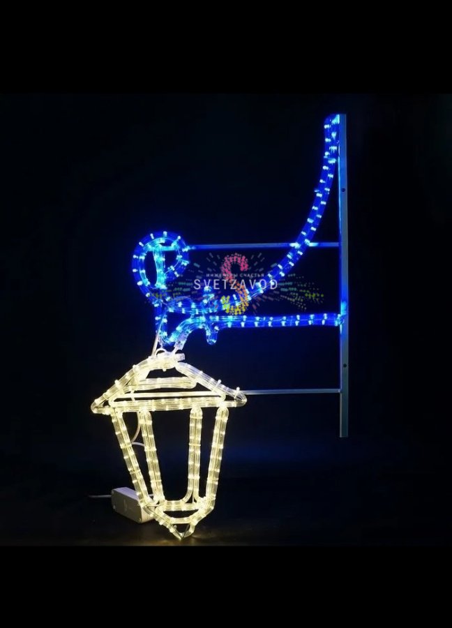 Детальное фото светодиодной консоли Фонарик для улицы: металлический каркас, светодиоды синего и теплого белого свечения, защита IP65.