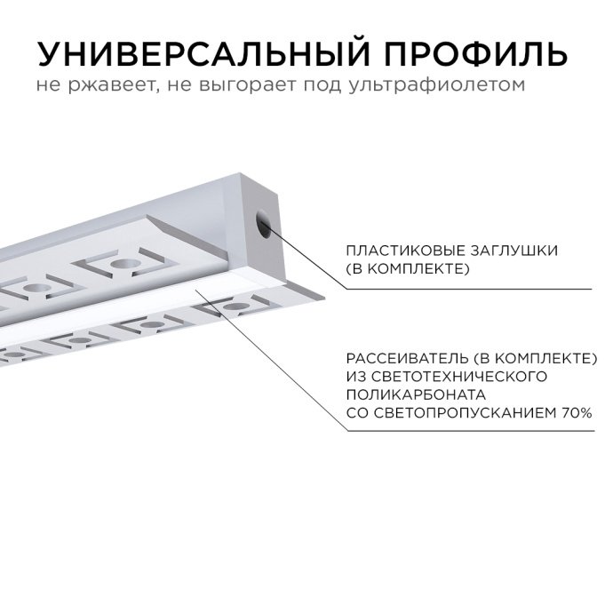 Алюминиевый профиль для LED ленты 53х13 мм, 2.5 м, серебристый корпус, матовый белый рассеиватель, монтаж под штукатурку, IP44