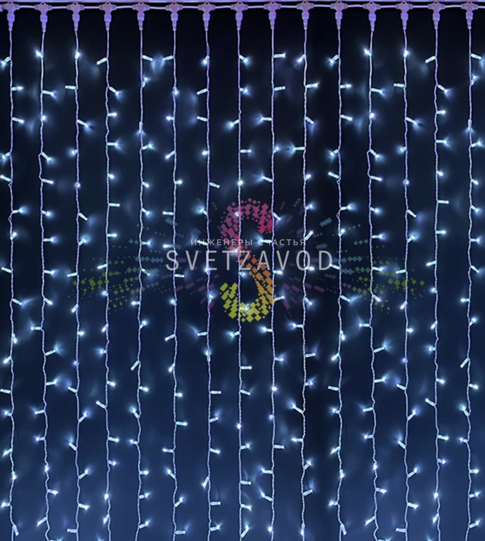 Детальное фото светодиодного дождя Rich Led: 20 нитей по 2 метра, 400 светодиодов, белый ПВХ провод, IP65 для улицы.