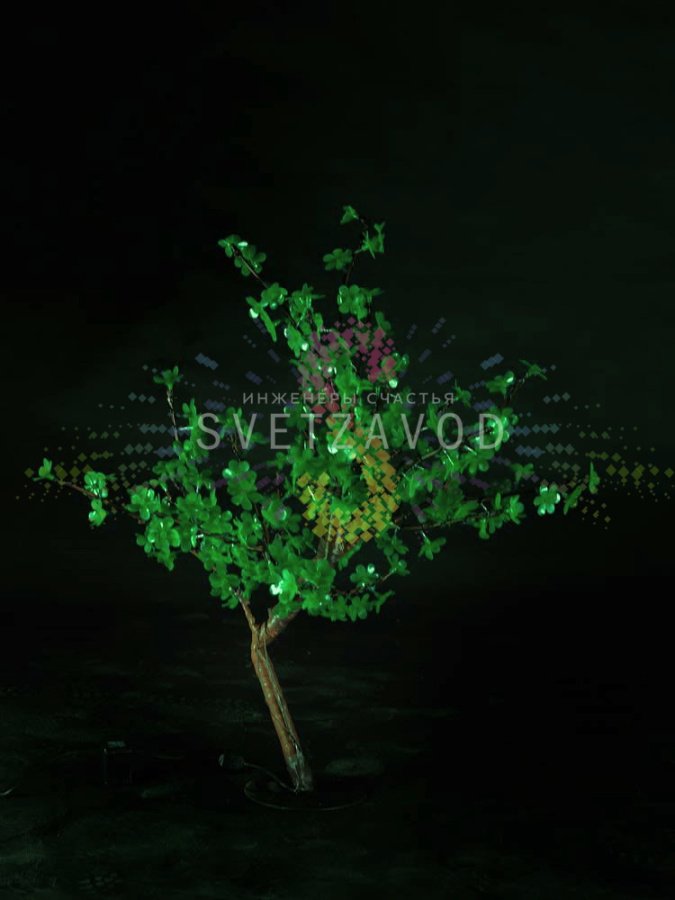 Детальное фото светодиодного куста Сакуры: гибкие ветви с 224 светодиодами, зеленое свечение, основание и блок питания 24В.