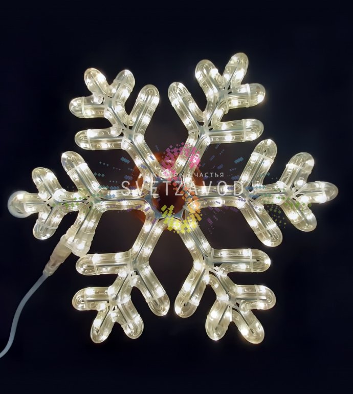 Детальное фото светодиодной снежинки Rich Led 40 см: металлический каркас, светодиодный дюралайт, крепление, вилка для подключения в розетку 220В.