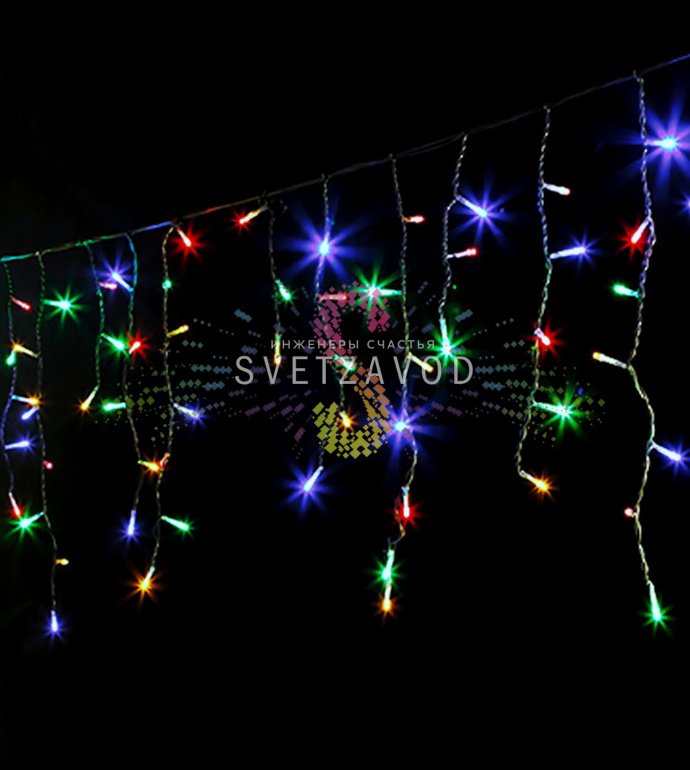 Крупный план светодиодной бахромы Айсикл с разноцветными (мульти) светодиодами на черных проводах, демонстрирующий длинные нити и горизонтальную шину.