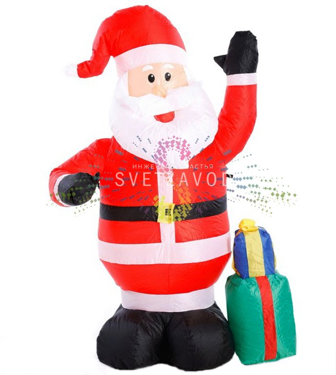 Детальное фото надувной фигуры Деда Мороза 120 см. Видны прочный ПВХ, светодиодная подсветка, компрессор и крепления в комплекте. Фигура установлена на улице.