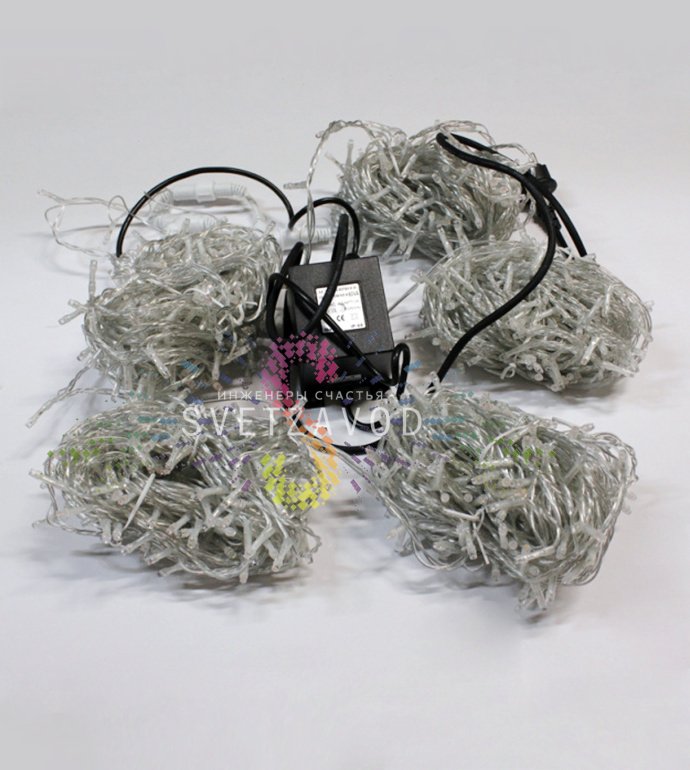 Детальное фото гирлянды Клип Лайт Спайдер: 5 прозрачных нитей по 20м с разноцветными светодиодами, блок питания 220/24В, упаковка.