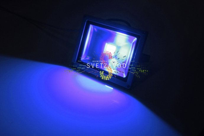 Крупный план синего светодиодного прожектора мощностью 20Вт в сером алюминиевом корпусе с крепежными элементами и прозрачным стеклянным рассеивателем.