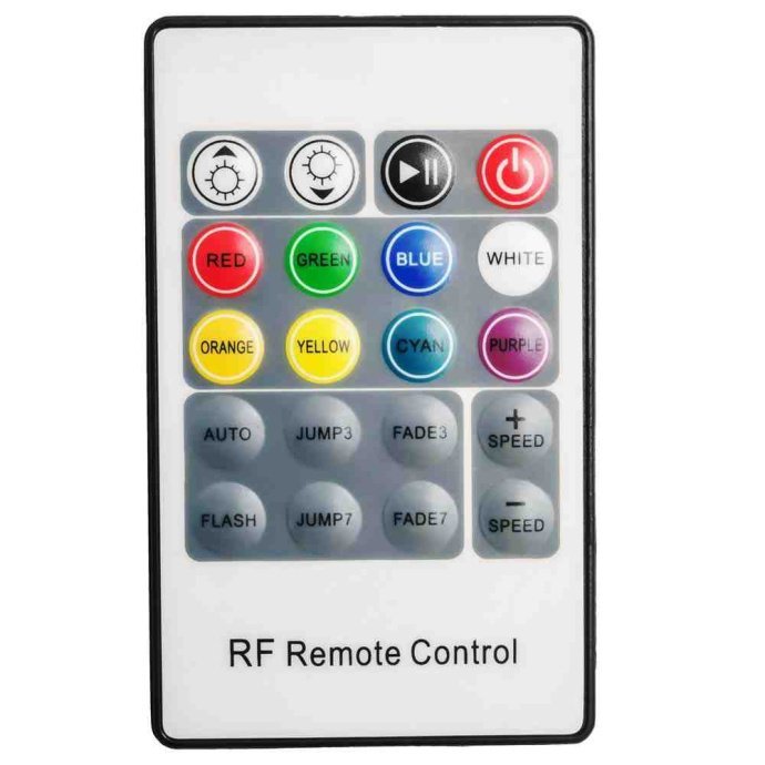Фото мини-контроллера RGB Apeyron: пластиковый корпус, клеммы, радиопульт (20 кнопок) и многоцветная LED-лента