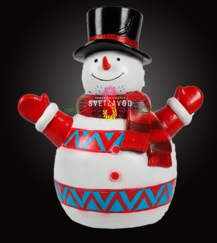 Детальное фото светодиодной фигуры Снеговик из стекловолокна. Видны светодиоды, шарф, влагозащищенный корпус IP65 и блок питания 24В.