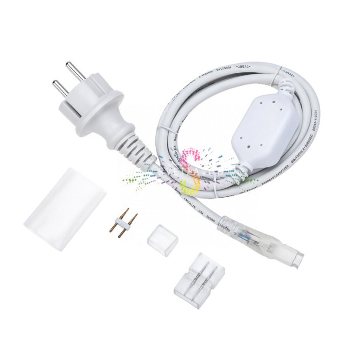 Детальное фото установочного набора Neon-Night для двухстороннего гибкого неона 8х16 мм. Видны шнур питания 220В с диодным мостом, коннектор-игла, заглушка и каучуковый двухжильный провод.