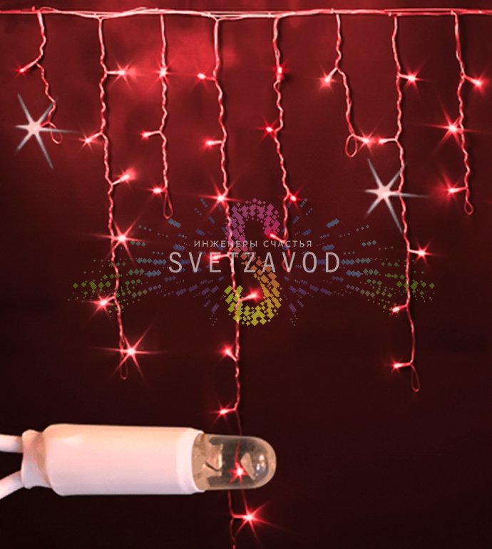 Детальное фото светодиодной бахромы Rich Led SGA-610: красные мерцающие диоды на белой ПВХ гирлянде с коннекторами, размер 3 на 0.9 метра.